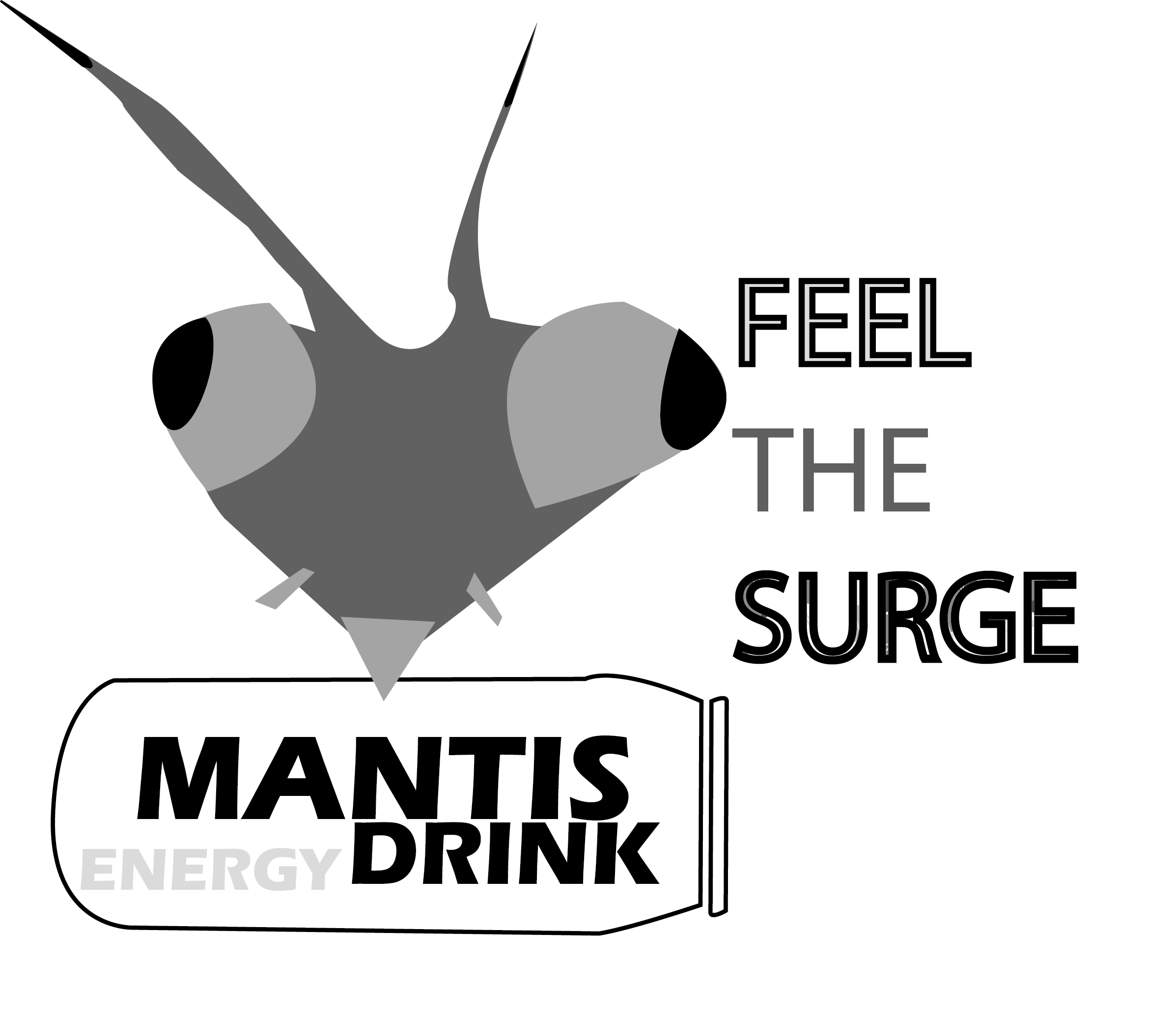 Big mantis head drawing. Under the logo there is a `Feel The Surge` phrase is shown.